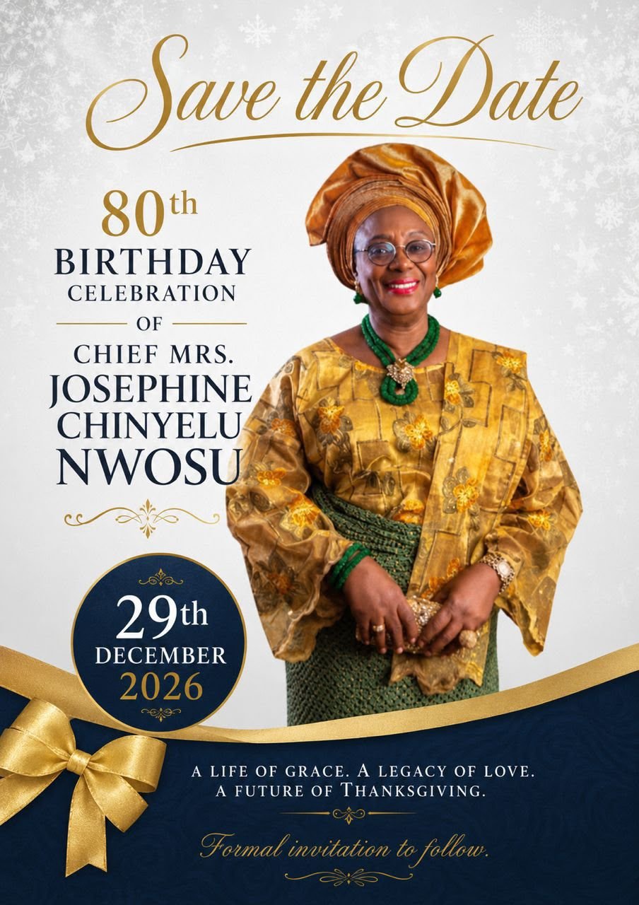 Save the Date poster for Chief Mrs. Josephine Chinyelu Nwosu's 80th birthday celebration on 29th December 2026.