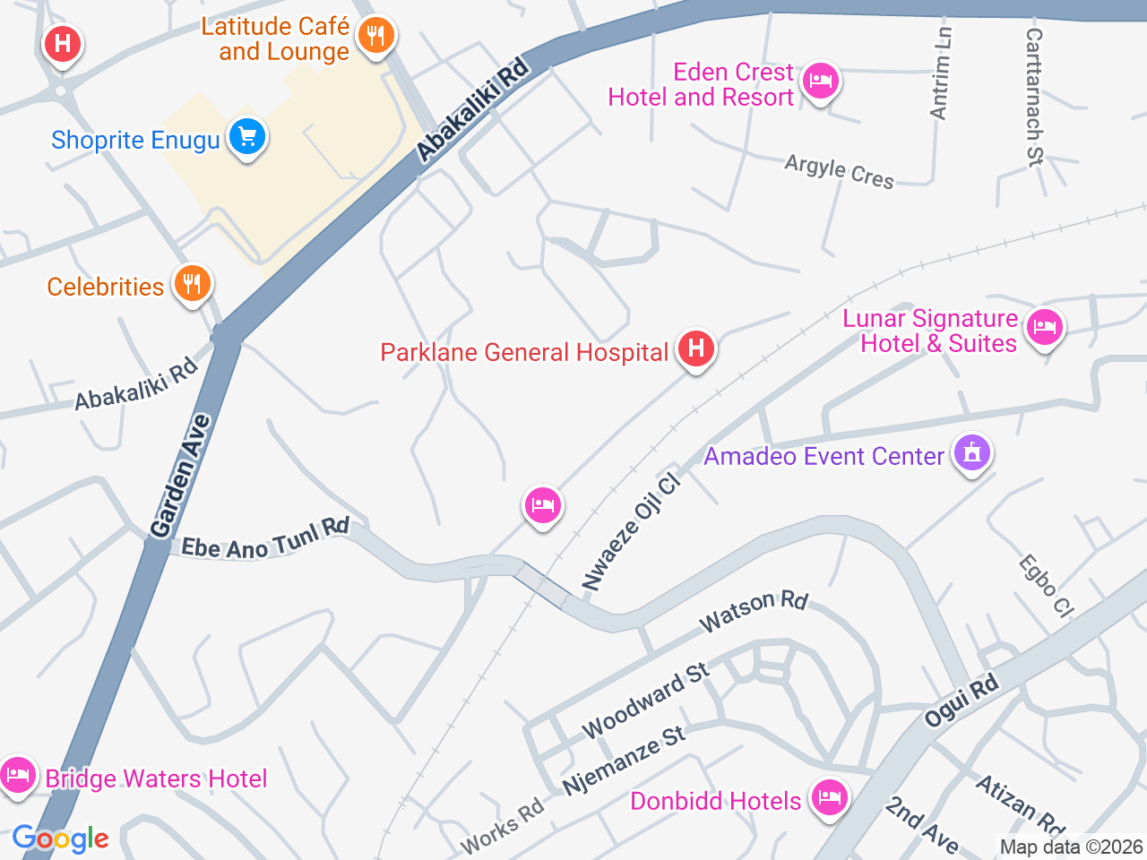Map showing Charis Hall, Amadeo Event Center and nearby accommodation options.
